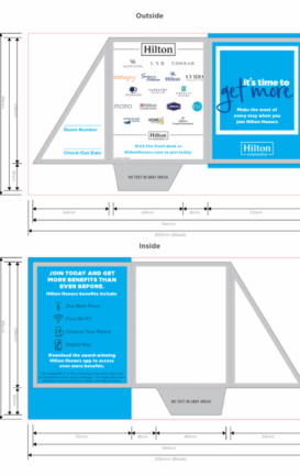 Flat layout of the blue Hilton Honors “It’s Time to Get More” key card packet showing inside and outside printed design with fold and glue lines