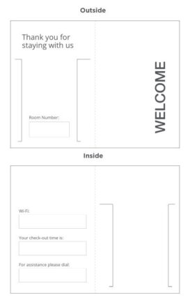 Flat layout of the Welcome White Key Packet showing inside and outside design with “Welcome” message and guest information fields