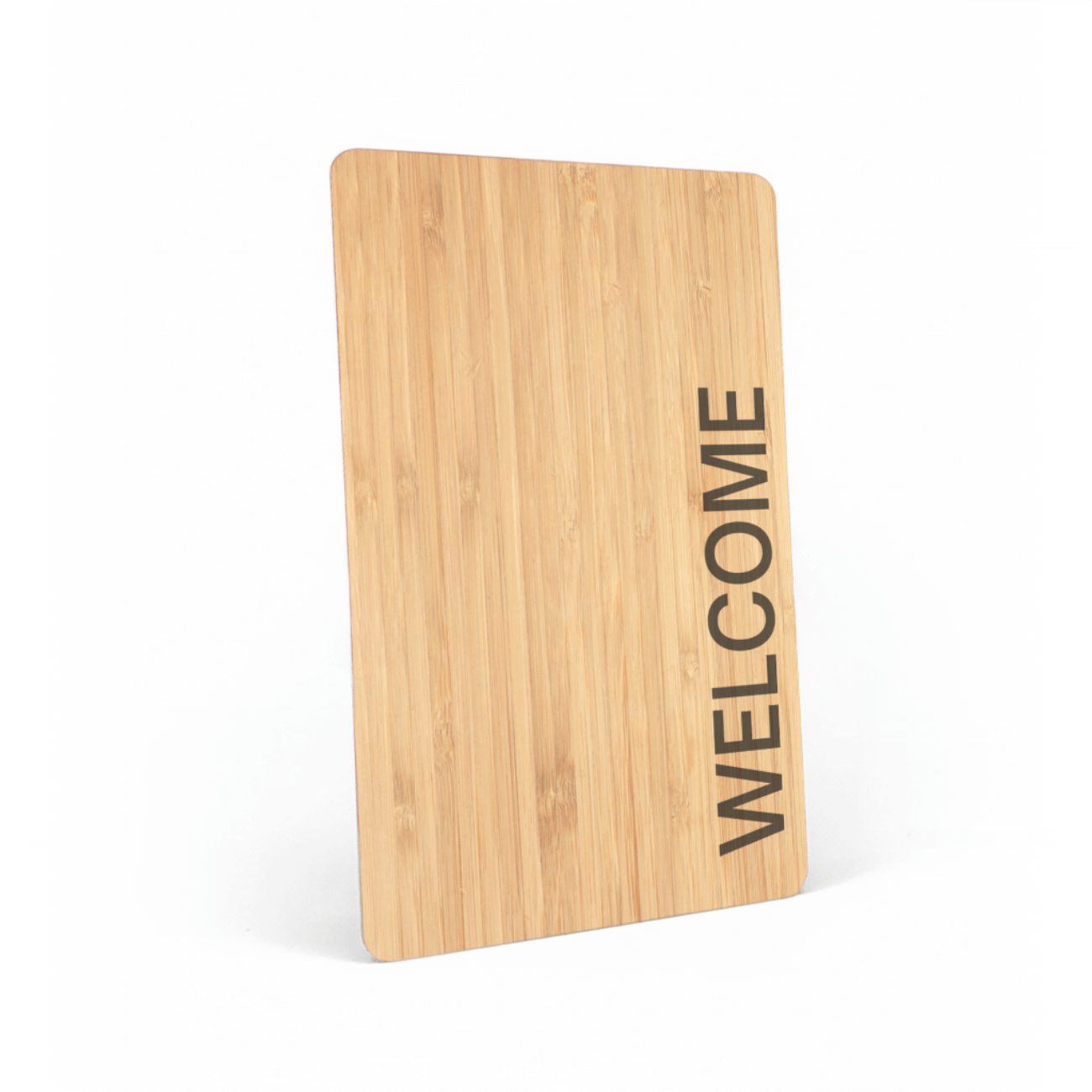 Wooden RFID hotel key card with vertical “WELCOME” text