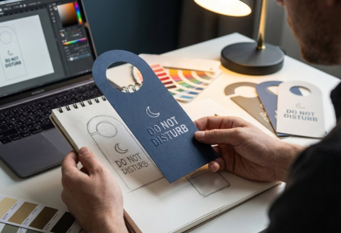 A designer's hands holding a custom blue "Do Not Disturb" door hanger, with design software, color palettes, and sketches visible on a desk